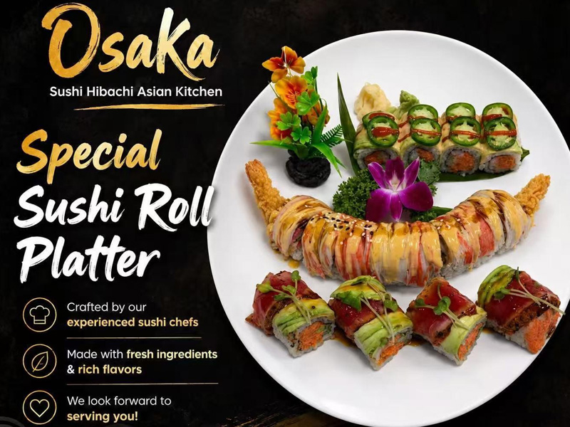 Special sushi roll platter with chef's selection rolls and edible flower garnish at Osaka Sushi Hibachi Asian Kitchen, a Asian Restaurant in Lake City