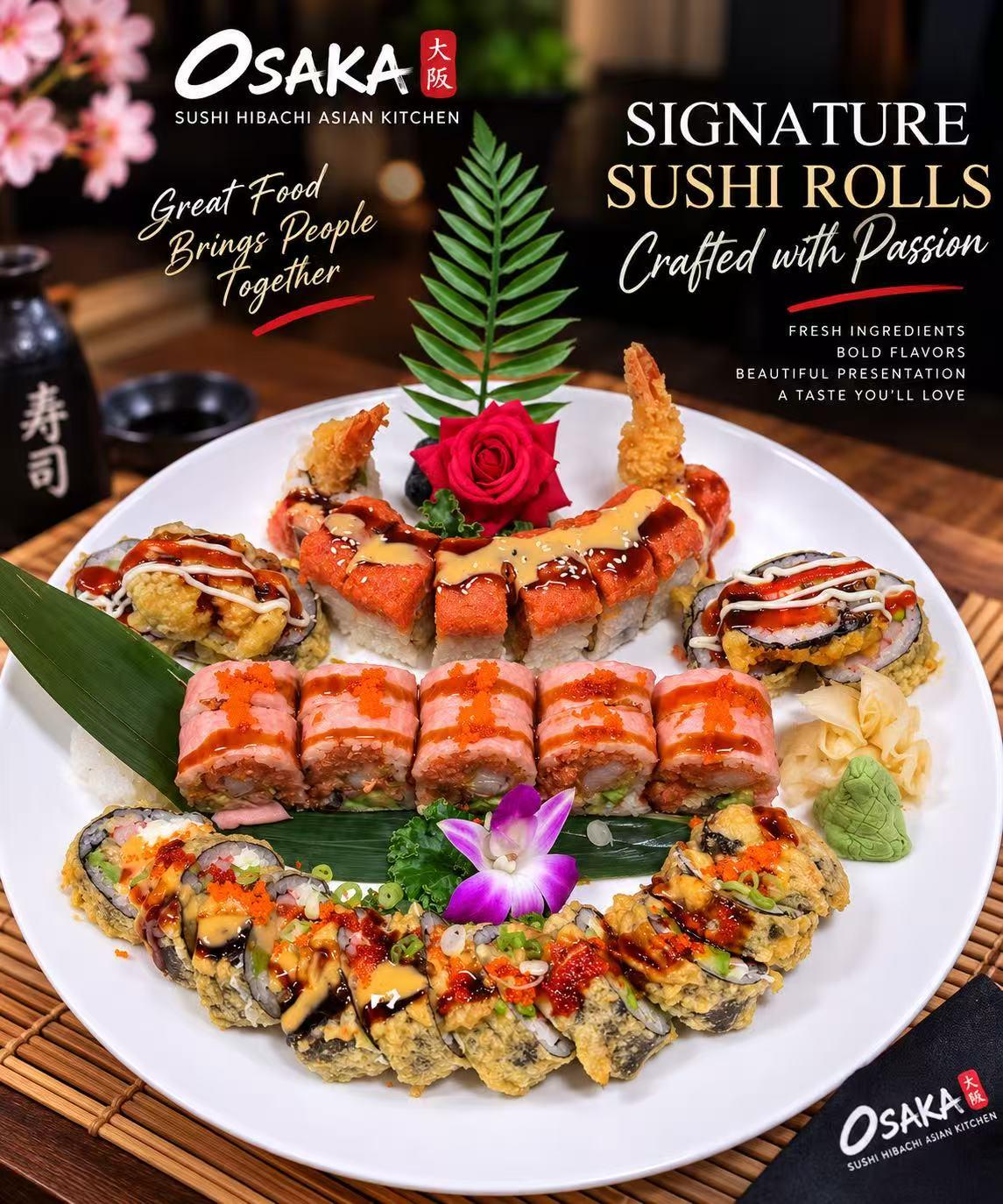 Assorted signature sushi rolls artfully arranged on a white plate with garnishes