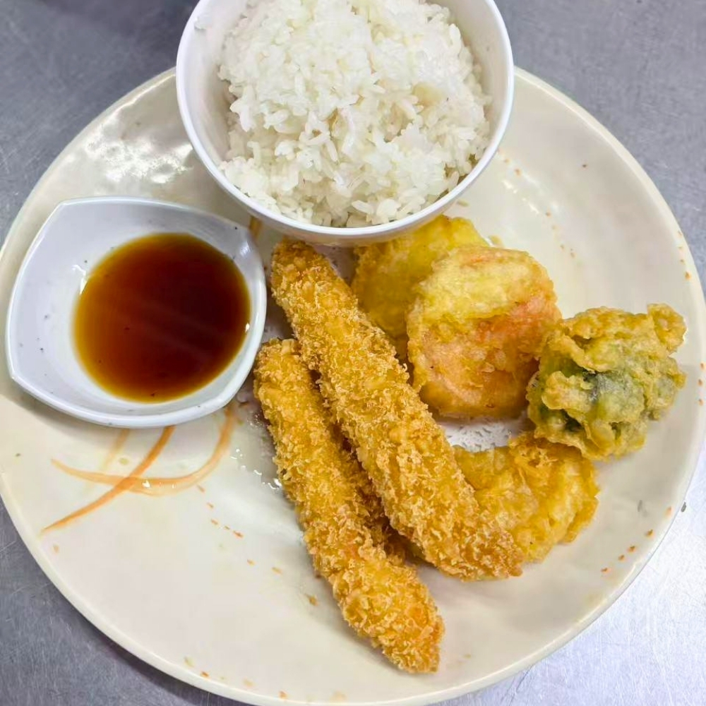 Tempura set meal with rice and soy sauce at Osaki Japanese Restaurant, a Japanese Restaurant in Hays
