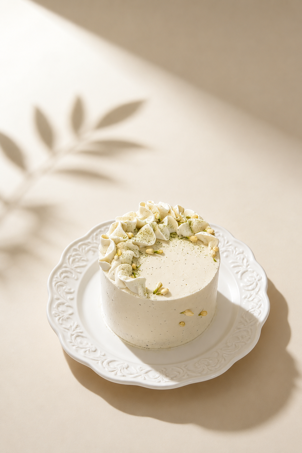 White cream cake with floral decor at OUMI BAKERY, a Fine Dessert Bakery in Nashville