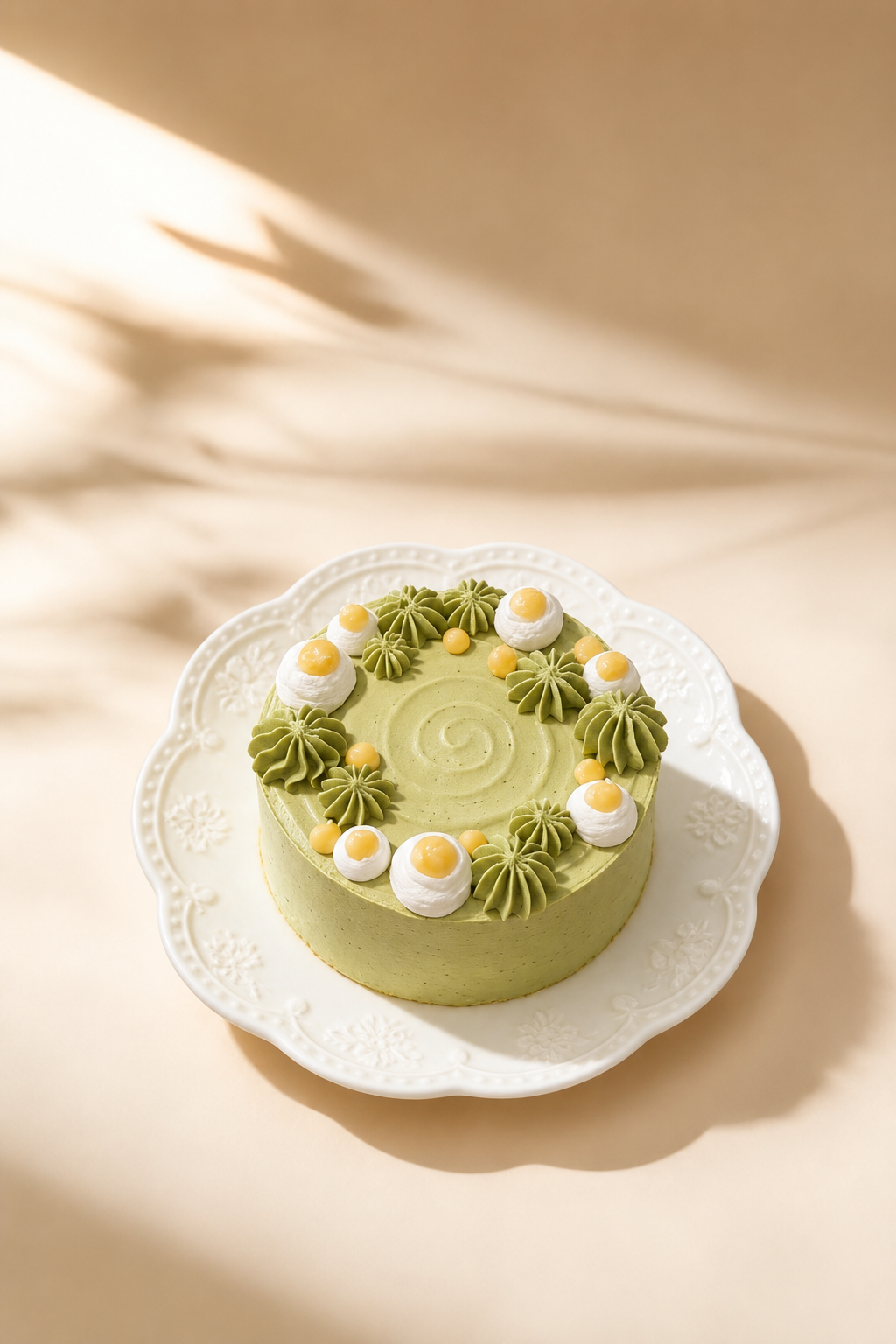 Matcha cream cake with elegant toppings at OUMI BAKERY, a Fine Dessert Bakery in Nashville