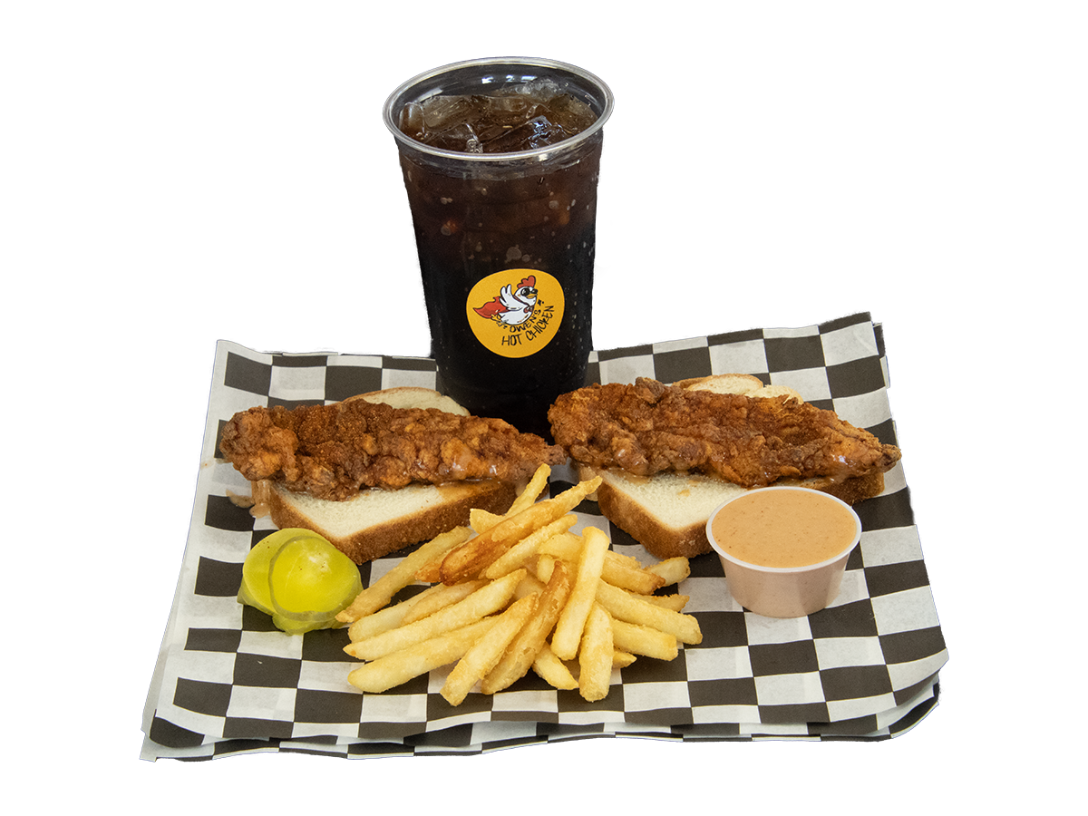 Owens-Hot-Chicken-American-Fast-Casual-Restaurant-fried-chicken-Combo-Cheyenne Combo of fried chicken cutlet, fries, pickles, dipping sauce and cola at Owens Hot Chicken, a Chinese Restaurant in Cheyenne