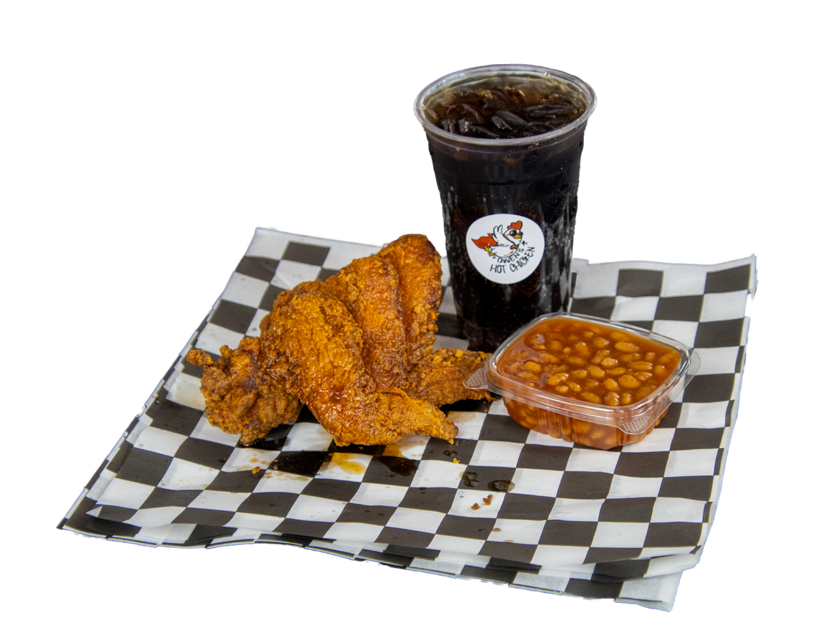 Owens-Hot-Chicken-American-Fast-Casual-Restaurant-Combo-of-fried-chicken-wings-Cheyenne Combo of fried chicken wings, baked beans and cola at Owens Hot Chicken, a Chinese Restaurant in Cheyenne