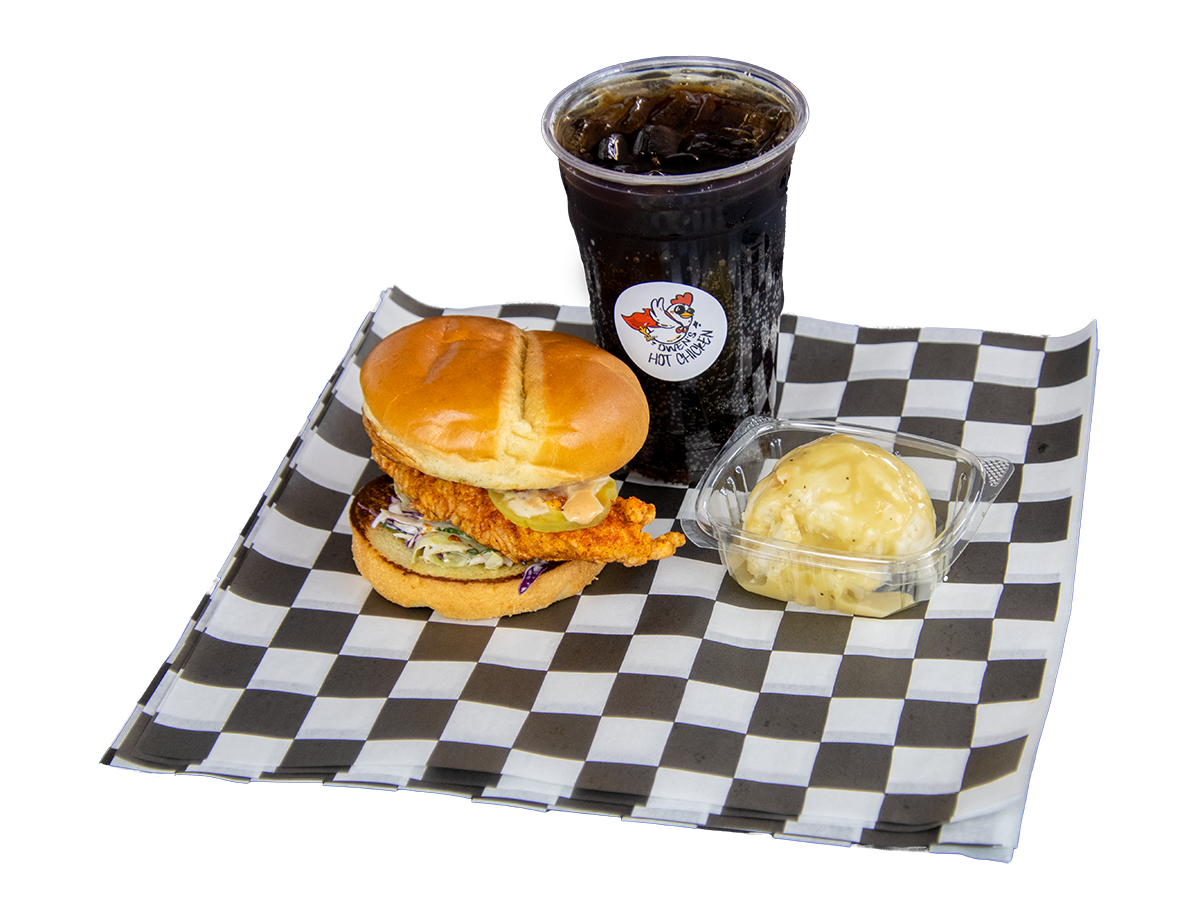 Owens-Hot-Chicken-American-Fast-Casual-Restaurant-Combo-of-fried-chicken-sandwich-Cheyenne Combo of fried chicken sandwich, mashed potatoes and cola at Owens Hot Chicken, a Chinese Restaurant in Cheyenne