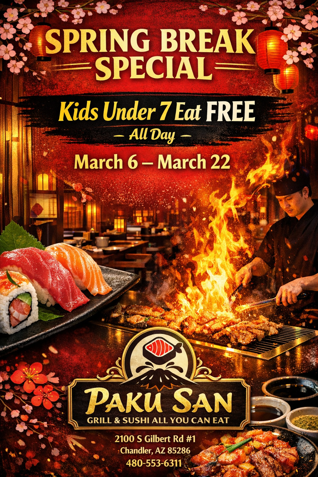 Spring break promo: Kids under 7 eat free at Paku San Grill & Sushi, March 6–22