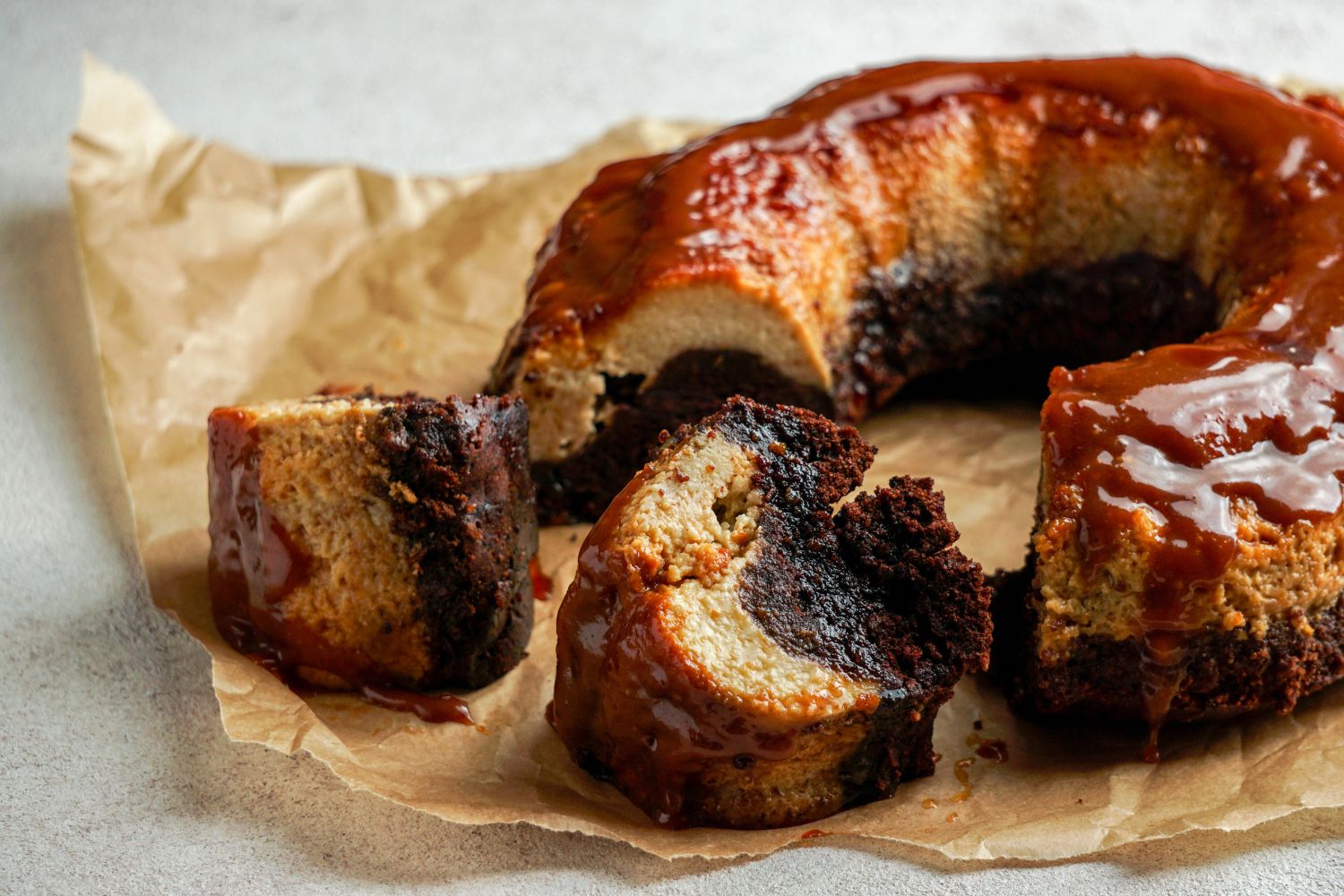 Chocoflan cake with caramel glaze at Panadería Corona, a Mexican Style Restaurant in Houston