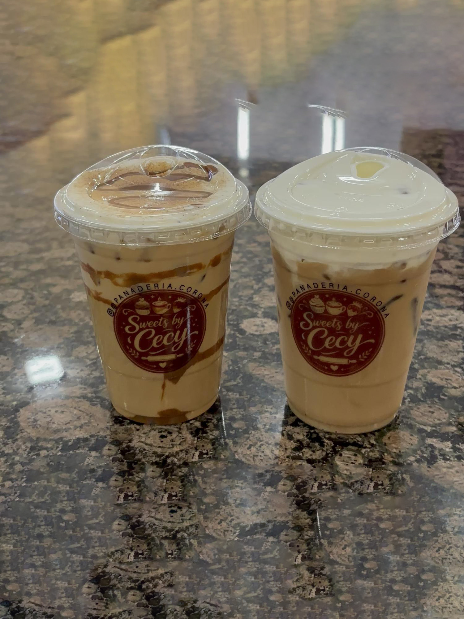 Iced Caramel Latte and Iced Coffee with Cream Foam at Panadería Corona, a Mexican Style Restaurant in Houston