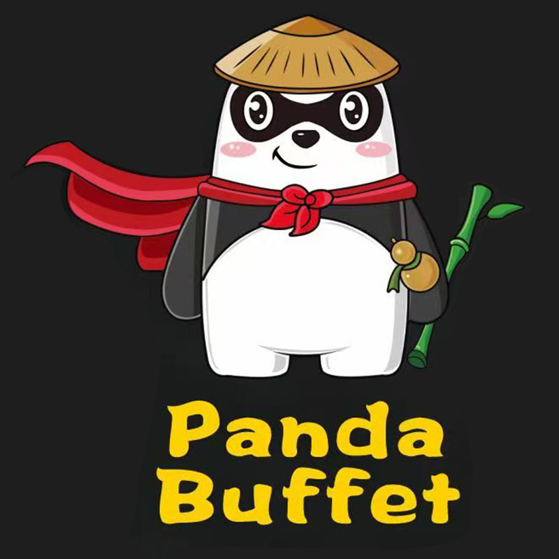 Logo for Panda Buffet restaurant: A cute cartoon panda in a bamboo hat, red scarf & red cape, holding a bamboo stalk with fruit, with "Panda Buffet" in yellow text below (dark background)