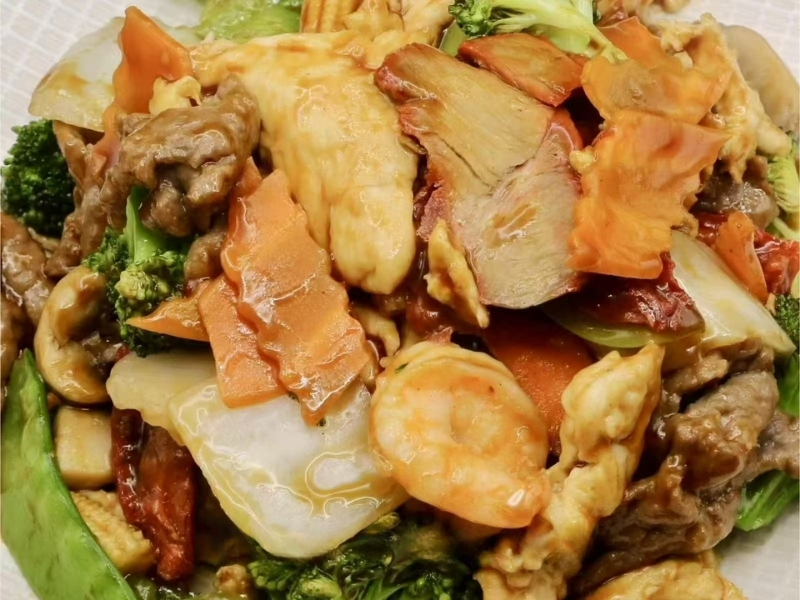 Mixed meats and veggies in savory sauce at Panda Buffet Chinese Food, a Chinese Restaurant in Willoughby