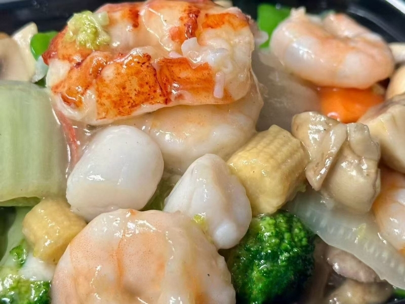 Assorted seafood like shrimp and scallops with mixed veggies at Panda Buffet Chinese Food, a Chinese Restaurant in Willoughby