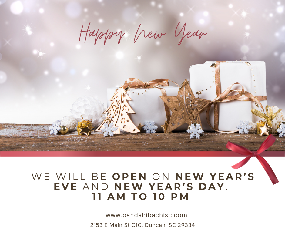 Happy New Year graphic announcing Panda Hibachi open on New Year’s Eve and Day from 11 AM to 10 PM.