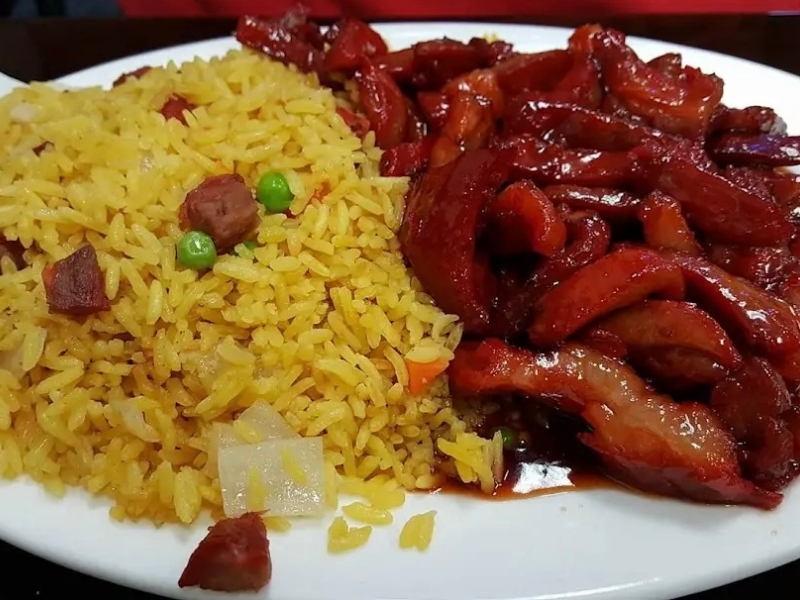 Glazed BBQ pork served with pork fried rice at Panda Hibachi, a Chinese Restaurant in Duncan