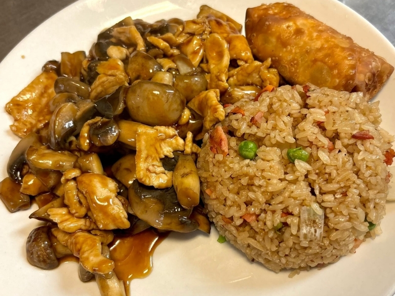 Chicken mushroom stir-fry with fried rice and crispy egg roll at Panda Hibachi, a Chinese Restaurant in Duncan