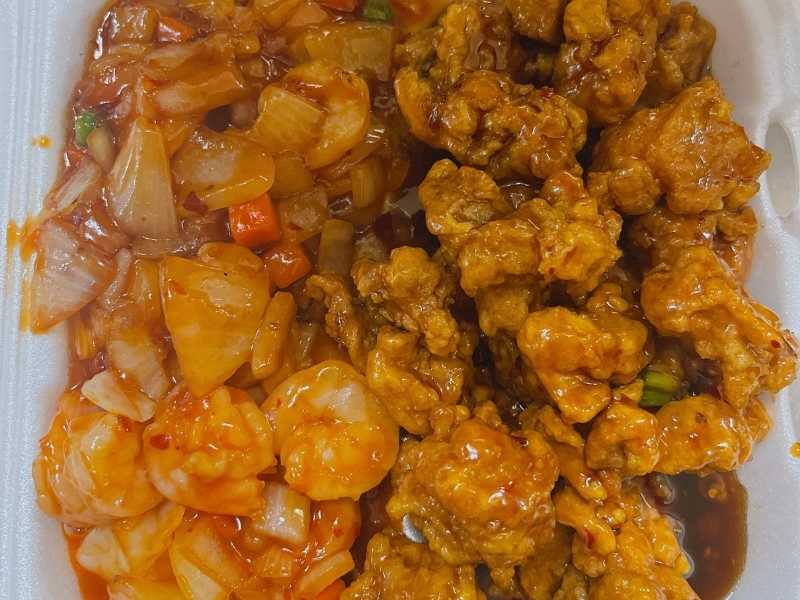 Crispy General Tso's chicken with shrimp stir-fry at Panda Hibachi, a Chinese Restaurant in Duncan