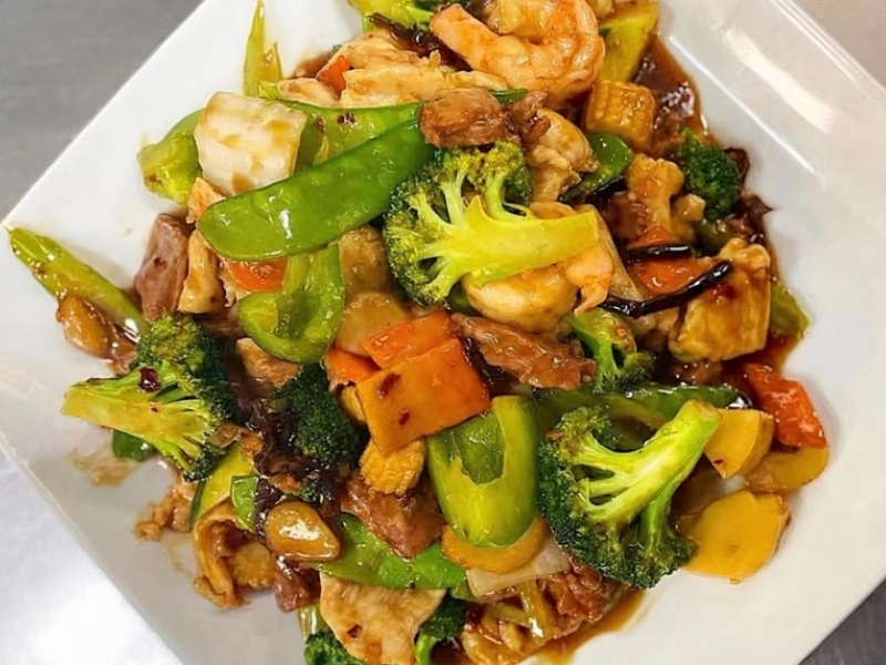 Colorful Happy Family stir-fry with shrimp, chicken, and veggies at Panda Hibachi, a Chinese Restaurant in Duncan