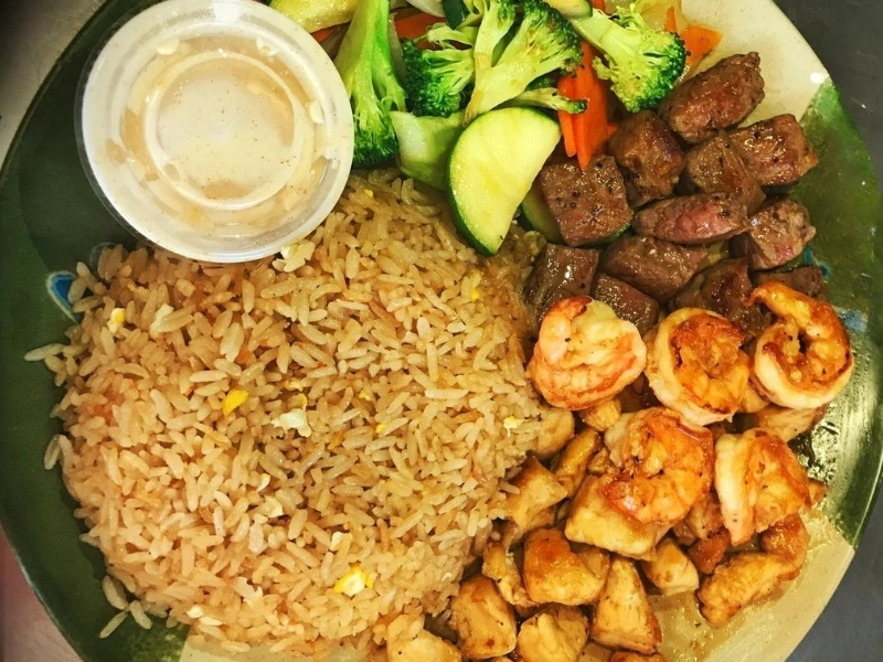 Hibachi steak and shrimp combo with rice and veggies at Panda Hibachi, a Chinese Restaurant in Duncan
