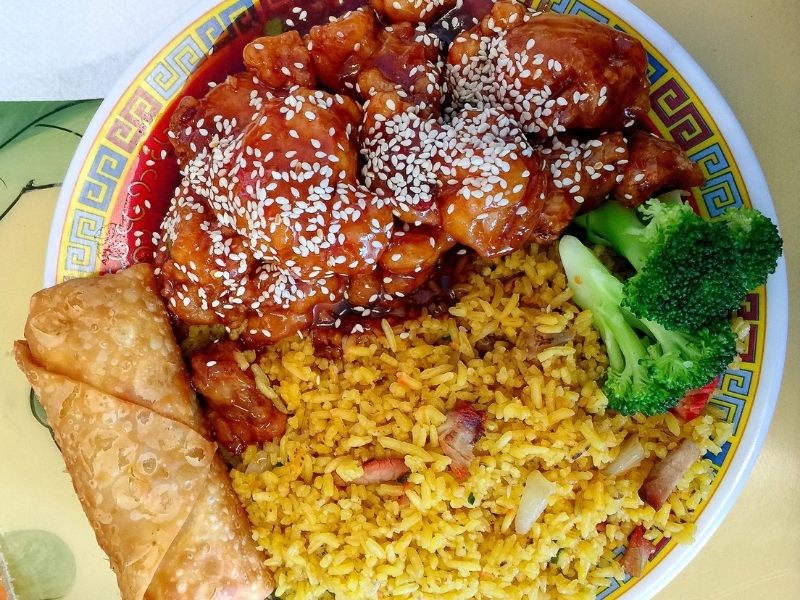 Crispy sesame chicken with fried rice and egg roll at Panda Hibachi, a Chinese Restaurant in Duncan