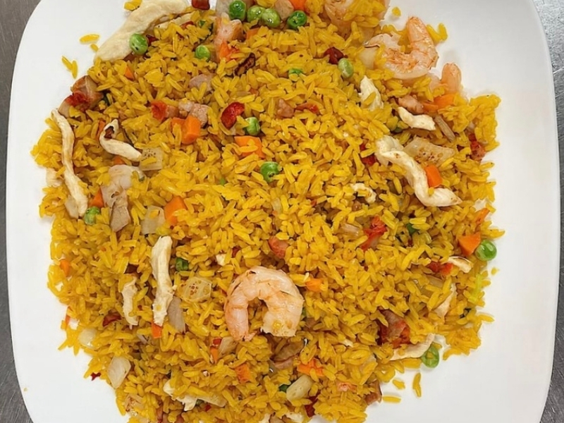 Golden fried rice with shrimp, chicken, pork, and veggies at Panda Hibachi, a Chinese Restaurant in Duncan