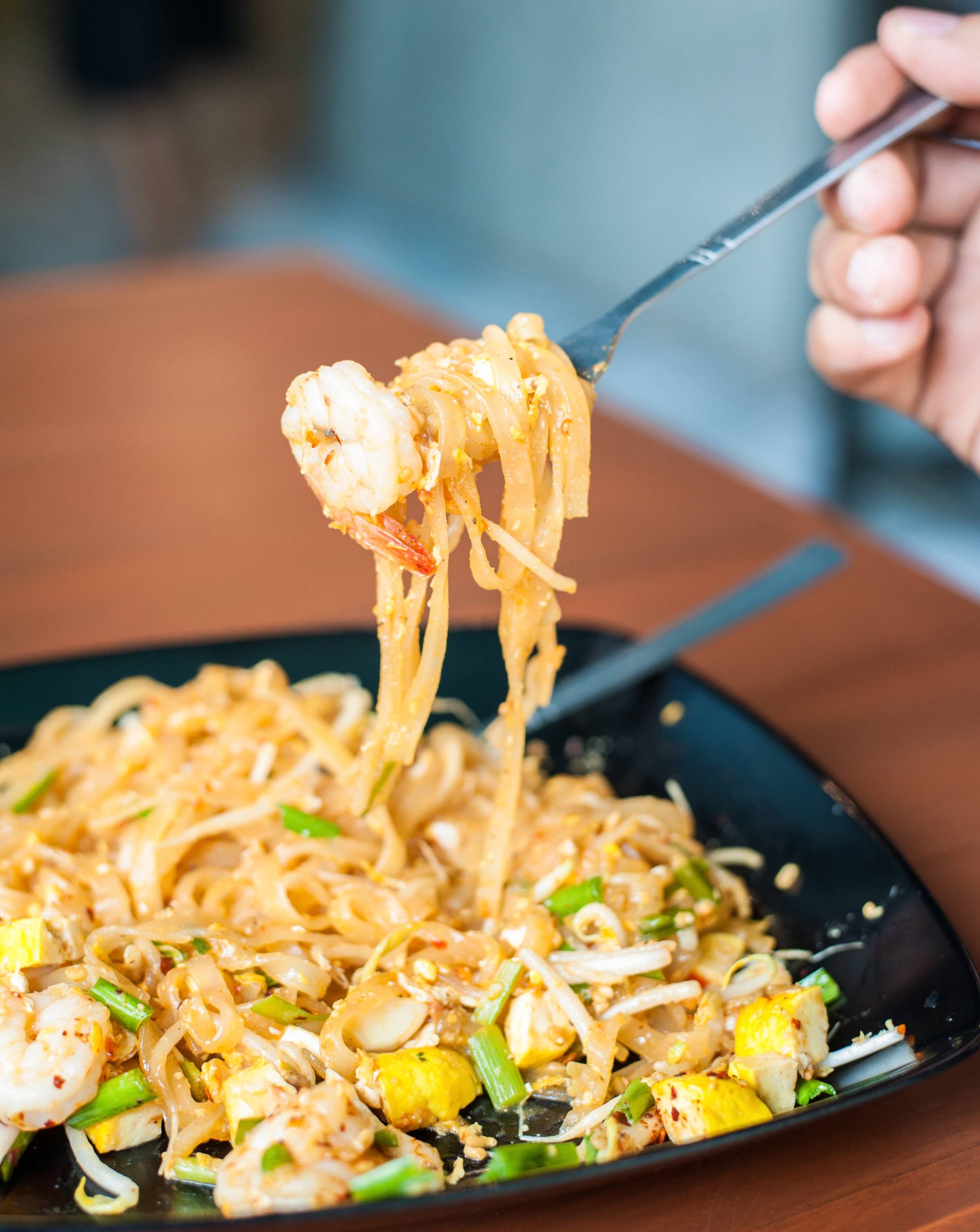 Shrimp Pad Thai Noodles on Fork with Tofu, Bean Sprouts, and Scallions