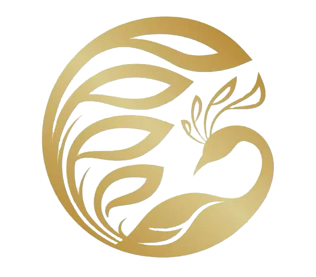 A golden peacock logo with a circular design, featuring elegant feather patterns