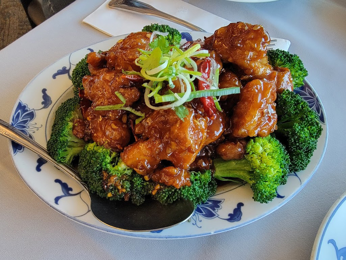 General Tso's Chicken Crispy chicken with broccoli in savory sauce at Peter Chu's Skyroom, a Chinese restaurant in Redding