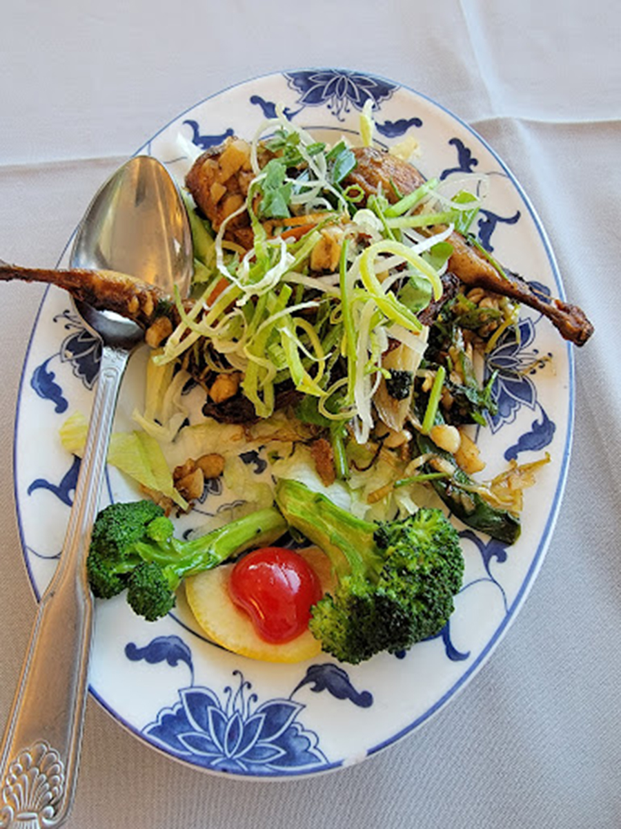 Duck & Veggie Plate Crispy duck with fresh veggies and garnish at Peter Chu's Skyroom, a Chinese restaurant in Redding