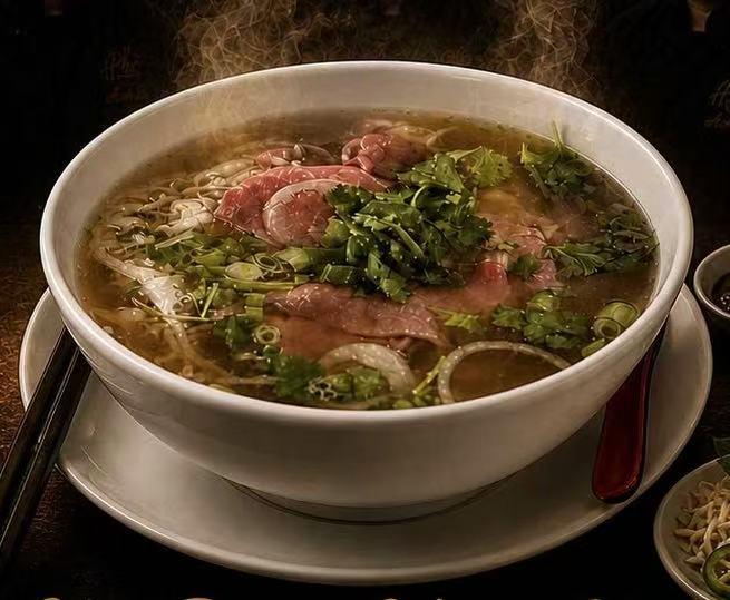 Large white bowl of hot steaming Vietnamese beef pho, rice noodles topped with thin raw beef slices, cilantro, green onion, onion rings in aromatic broth. Large white bowl of hot steaming Vietnamese beef pho, rice noodles topped with thin raw beef slices, cilantro, green onion, onion rings in aromatic broth.