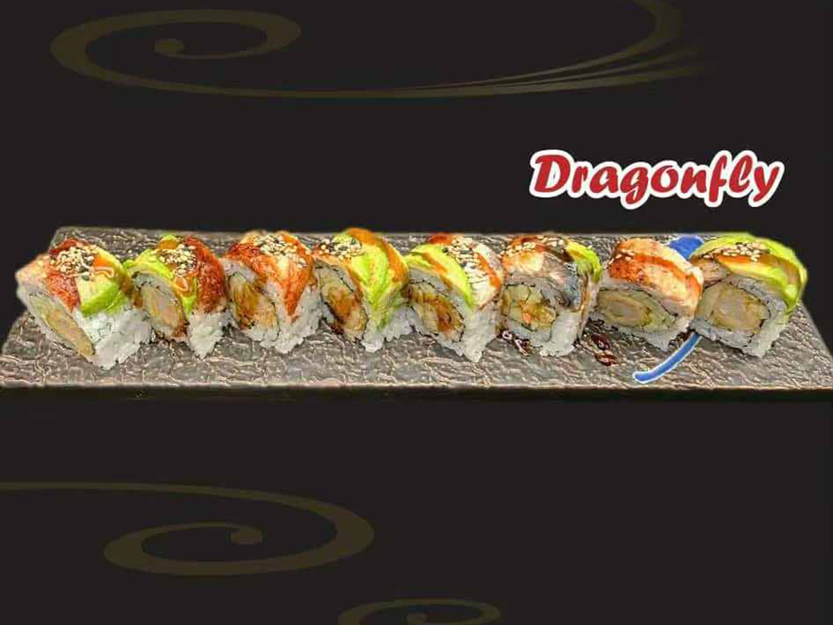 Pho-House-Asian-Fusion-Restaurant-Dragonfly-Roll-Carmichael Dragonfly specialty sushi roll topped with avocado and eel at Pho House, a Asian Fusion Restaurant in Carmichael