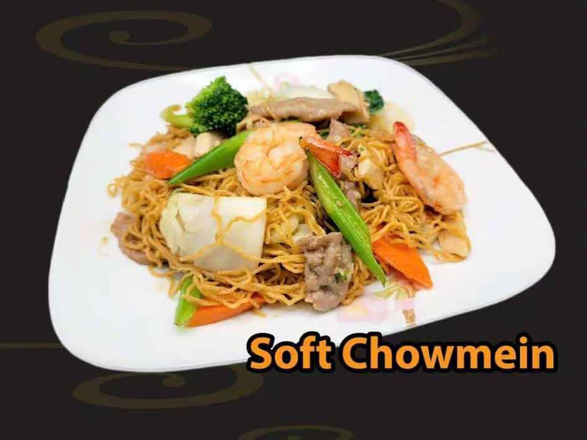 Pho-House-Asian-Fusion-Restaurant-Soft-Chowmein-Carmichael Plate of soft chowmein with shrimp, pork, and vegetables at Pho House, a Asian Fusion Restaurant in Carmichael