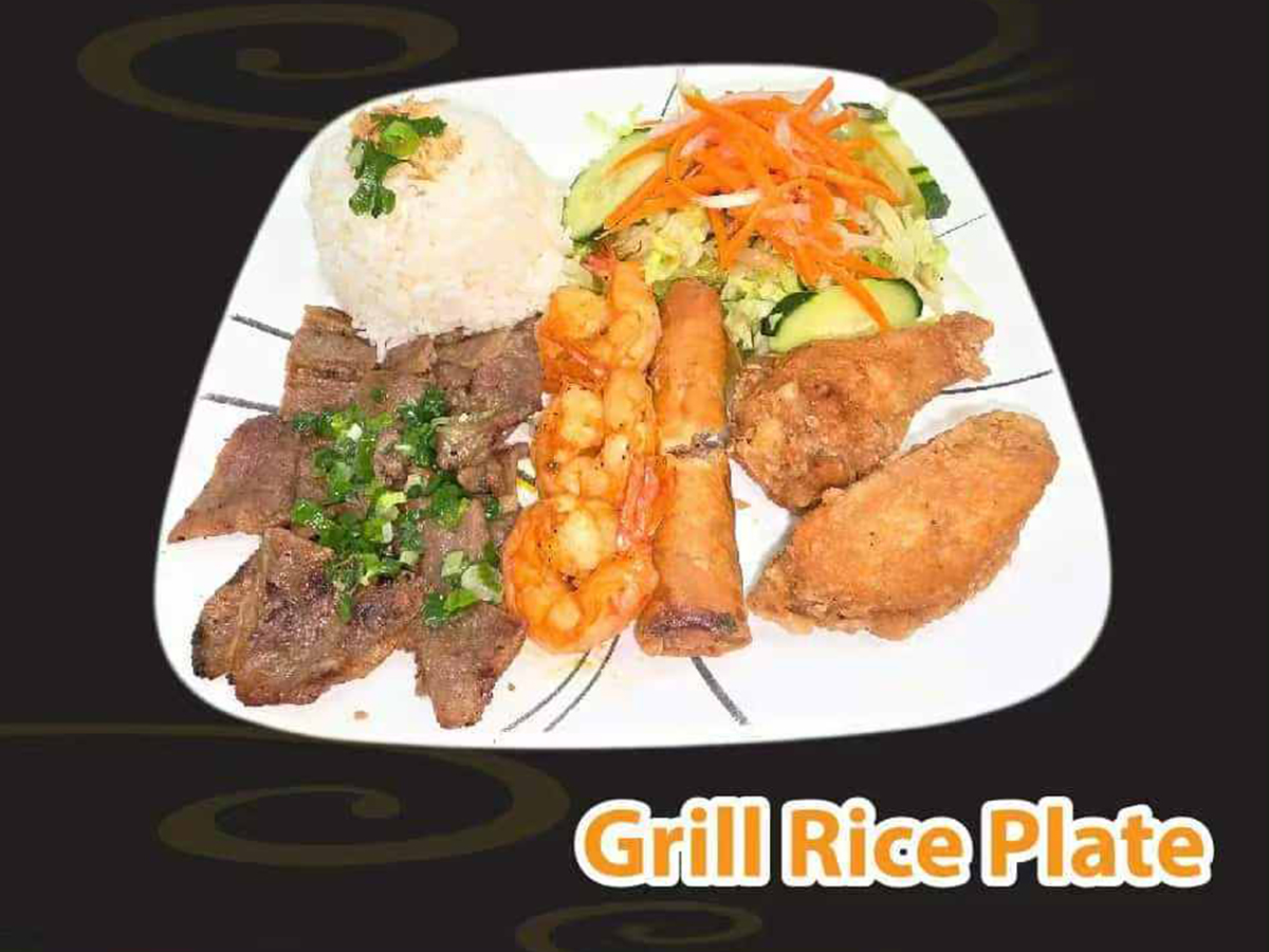 Pho-House-Asian-Fusion-Restaurant-Grill-Rice-Plate-Carmichael Combination grill rice plate with beef, shrimp, and chicken at Pho House, a Asian Fusion Restaurant in Carmichael