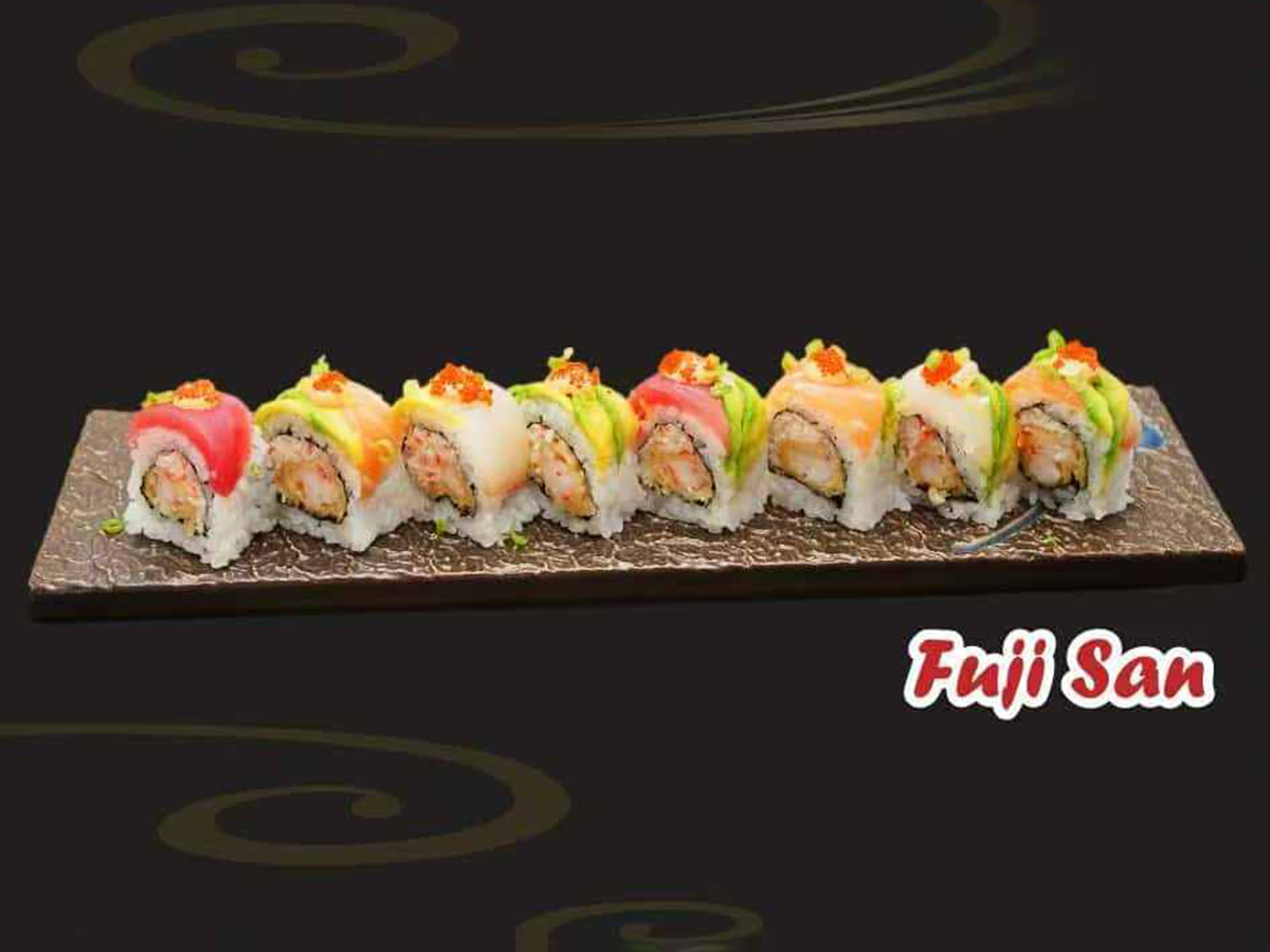 Pho-House-Asian-Fusion-Restaurant-Fuji-San-Roll-Carmichael Fuji San specialty sushi roll with assorted fish topping at Pho House, a Asian Fusion Restaurant in Carmichael