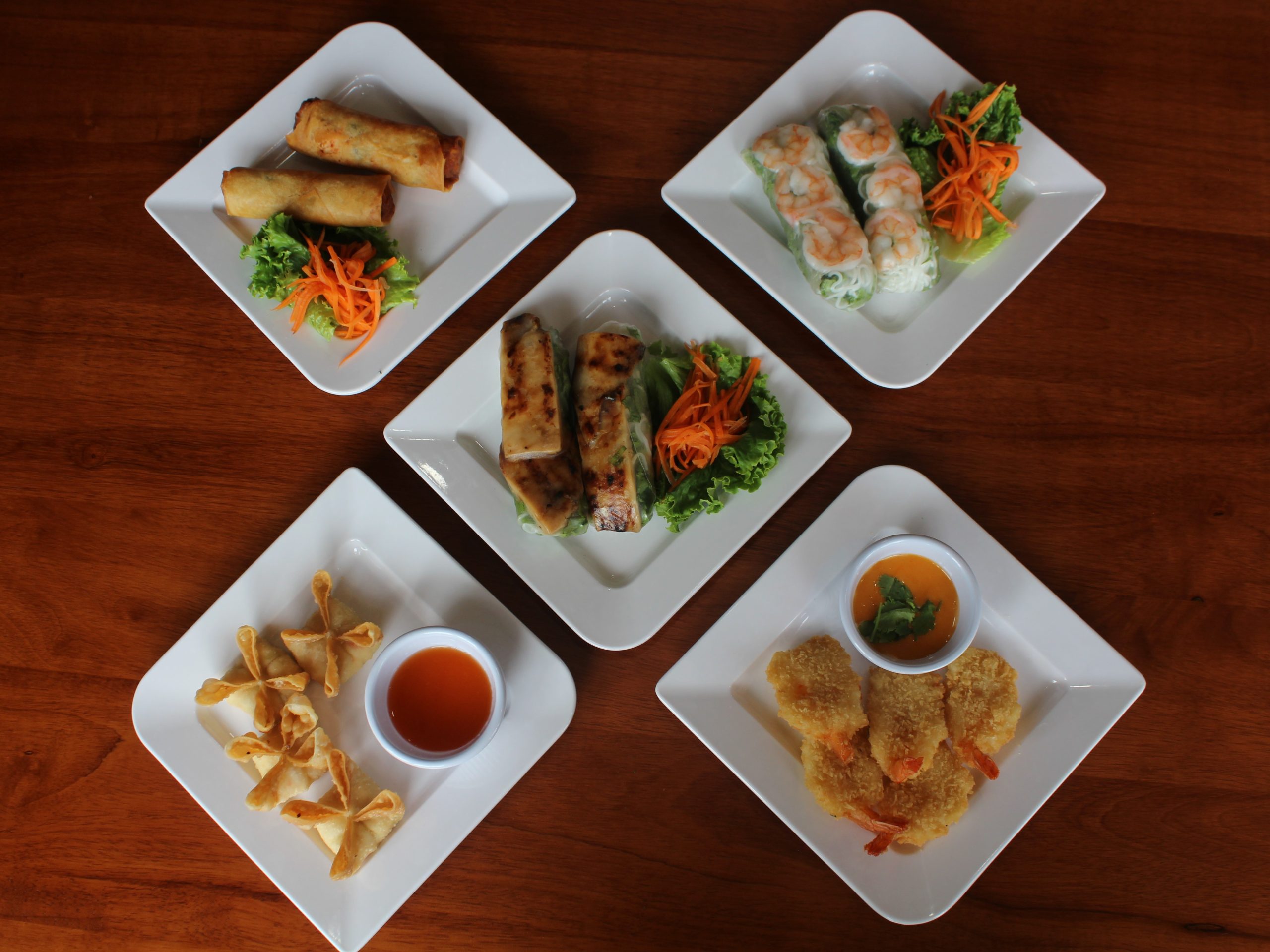 Appetizer Sampler - Variety of Vietnamese starters with dipping sauces at Pho Plus 1, a Vietnamese restaurant in Oklahoma City
