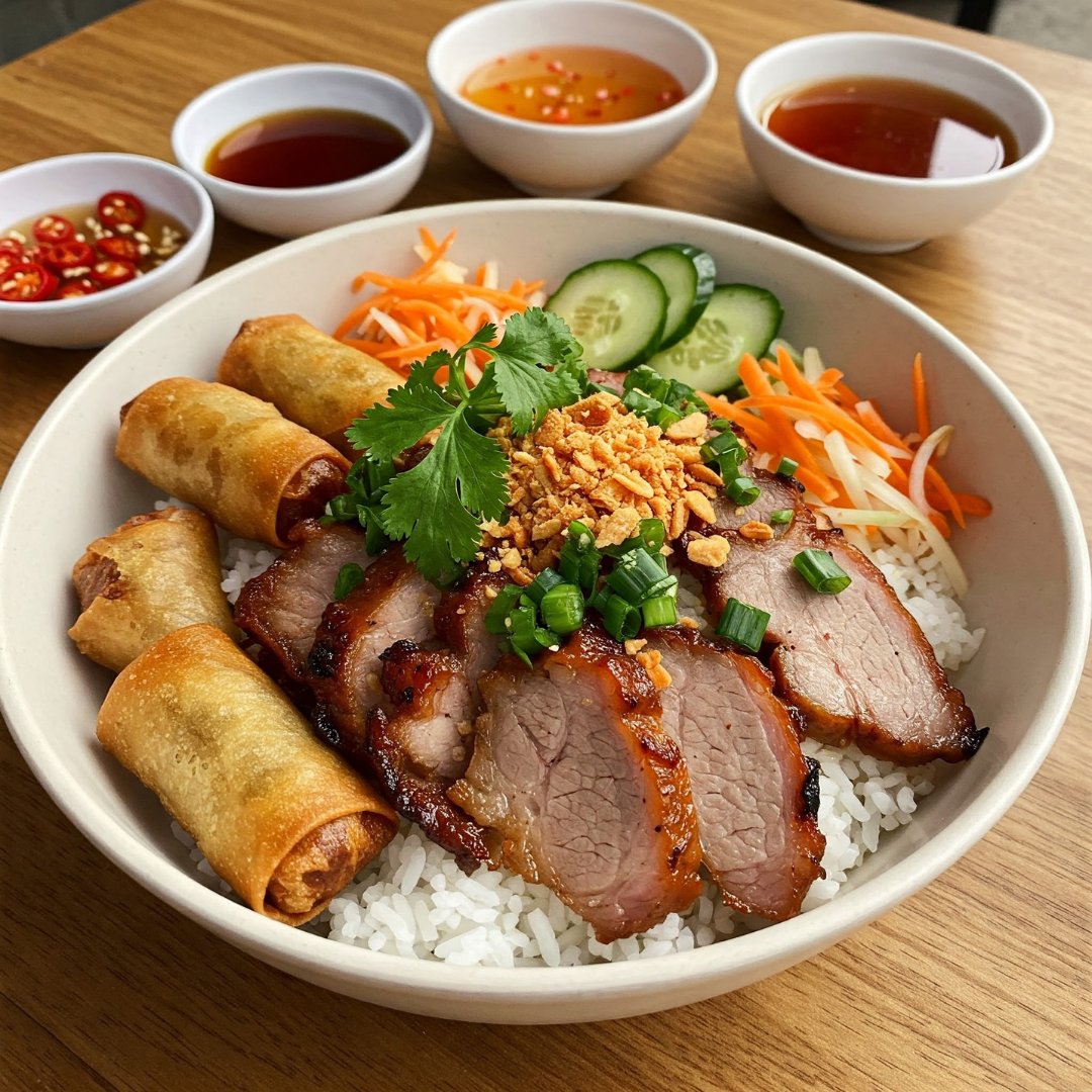 Pho-Plus-1-Vietnamese-restaurant-Vermicelli-Bowl-Oklahoma-City Vermicelli Bowl - Grilled pork, spring rolls, veggies over rice noodles at Pho Plus 1, a Vietnamese restaurant in Oklahoma City