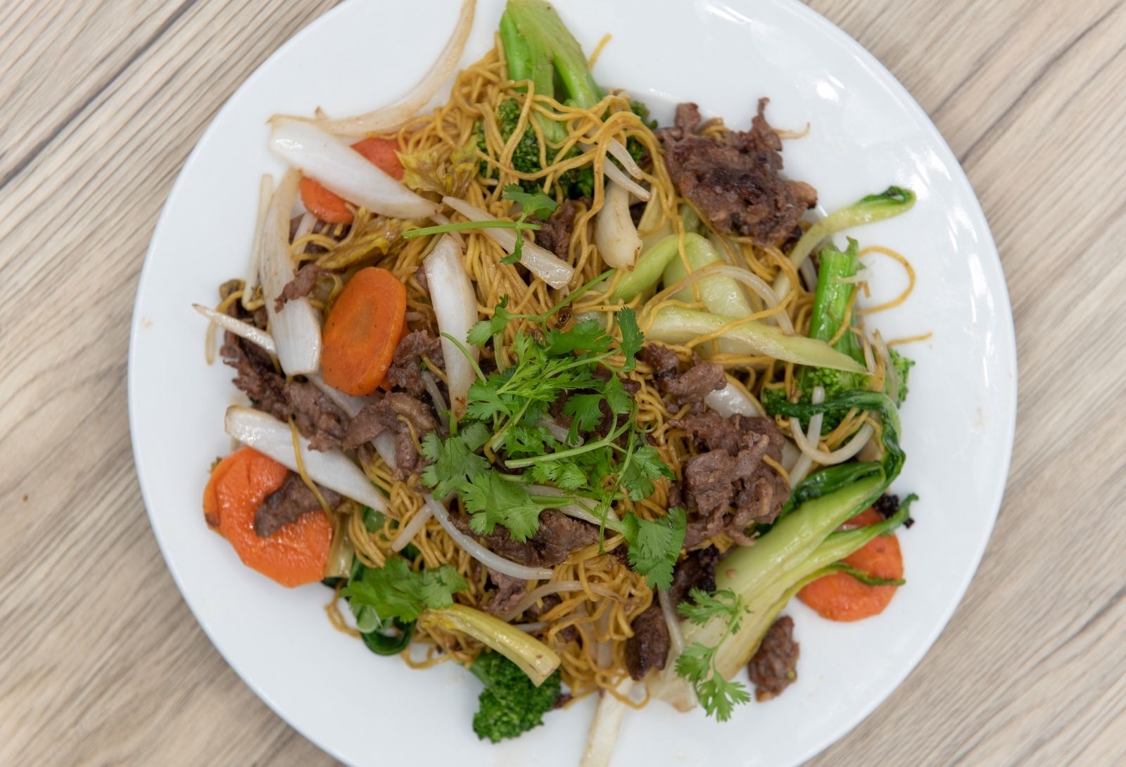 Beef chow mein mixed with broccoli, carrots and green veggies at Pho Saigon, a Vietnamese Restaurant in Grand Island