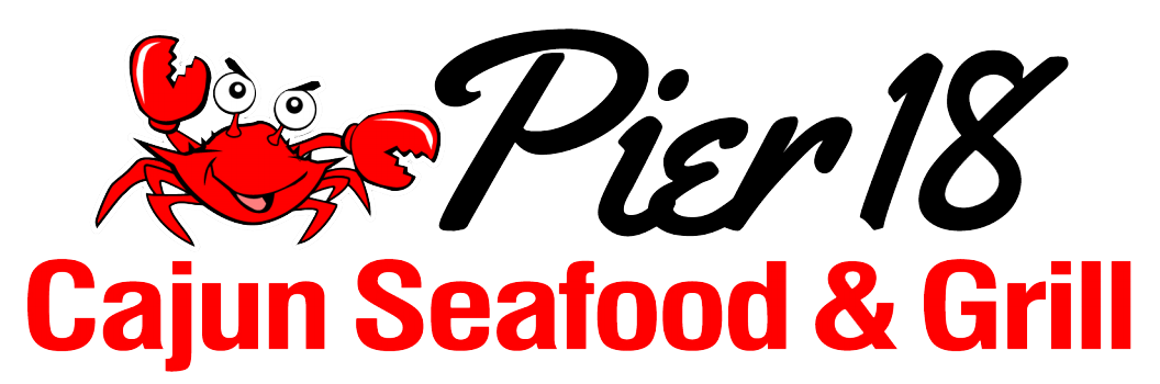 Logo of Pier 18 Cajun Seafood & Grill. It has the black handwritten font "Pier 18", red "Cajun Seafood & Grill", and a red cartoon crab on the left