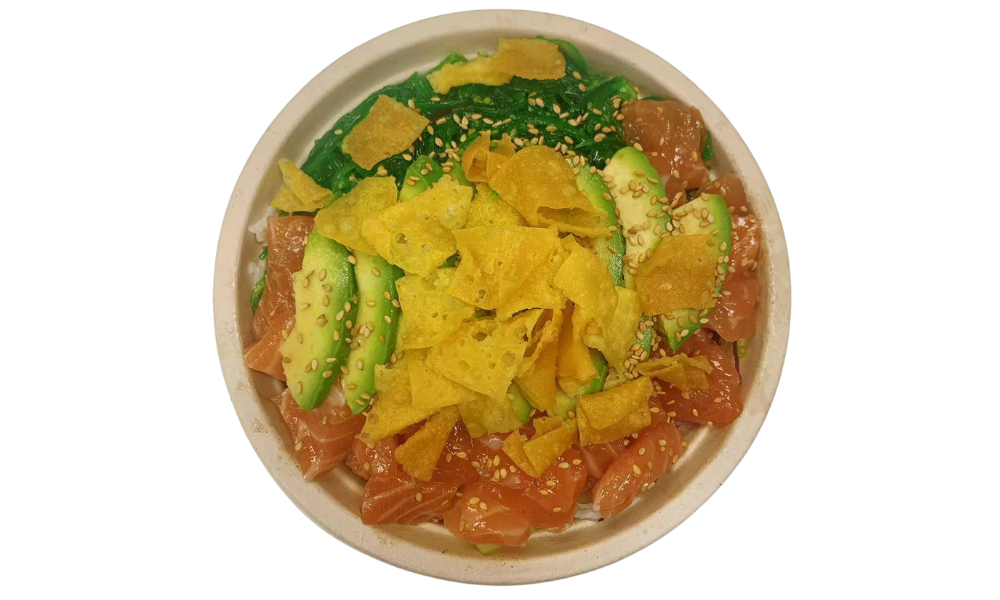 Bowl with fresh salmon, avocado, and crispy chips at Poke 46, a Japanese Restaurant in Pine Brook