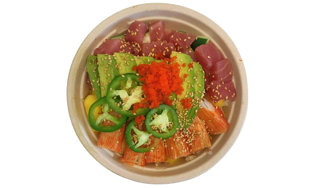 Bowl with tuna, avocado, and spicy toppings at Poke 46, a Japanese Restaurant in Pine Brook