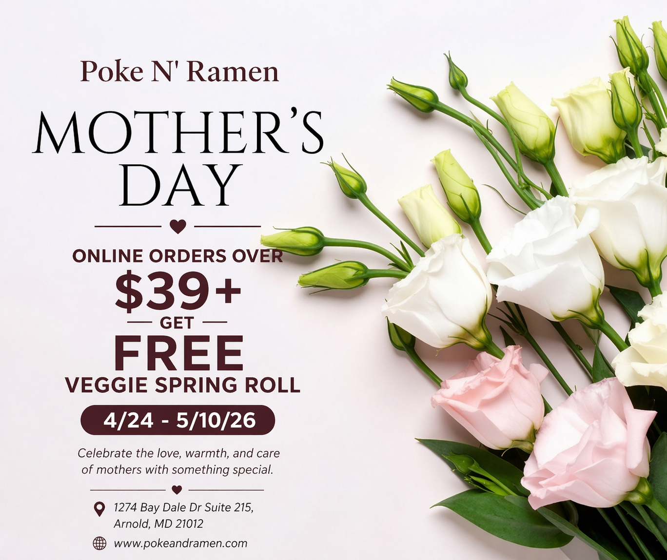 Online orders over $39+
Get a FREE Veggie Spring Roll
Valid: 4/24 – 5/10/26