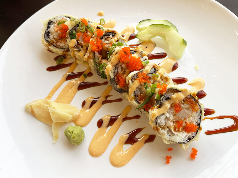 Crispy crab stick sushi roll with tobiko at Pokebowl Express & Asian Cuisine, an Asian Restaurant in Pittsburgh