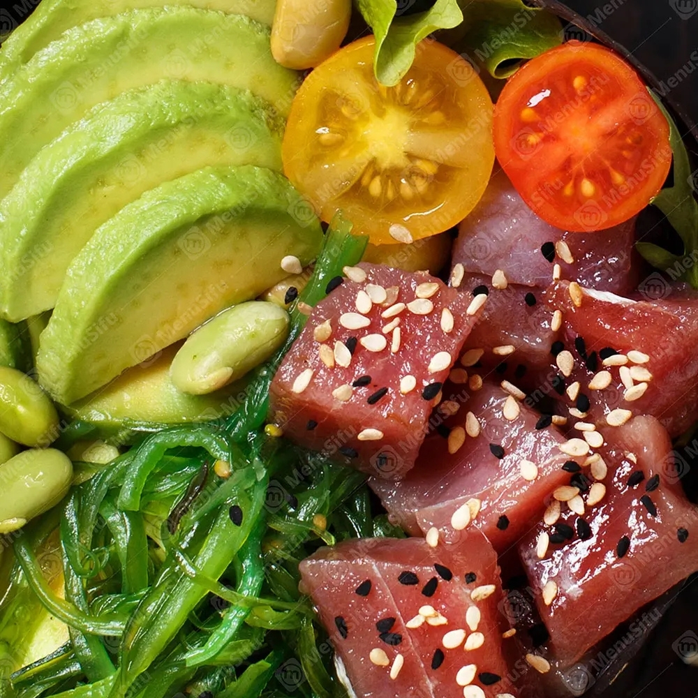 Ahi tuna poke bowl with avocado, edamame, and seaweed salad at Poke Bowl, an Hawaiian Restaurant in Algonquin