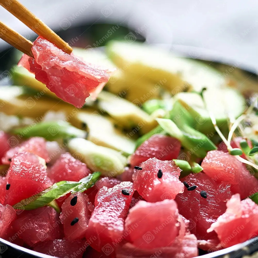 Ahi tuna poke bowl with avocado, sprouts, and greens at Poke Bowl, an Hawaiian Restaurant in Algonquin