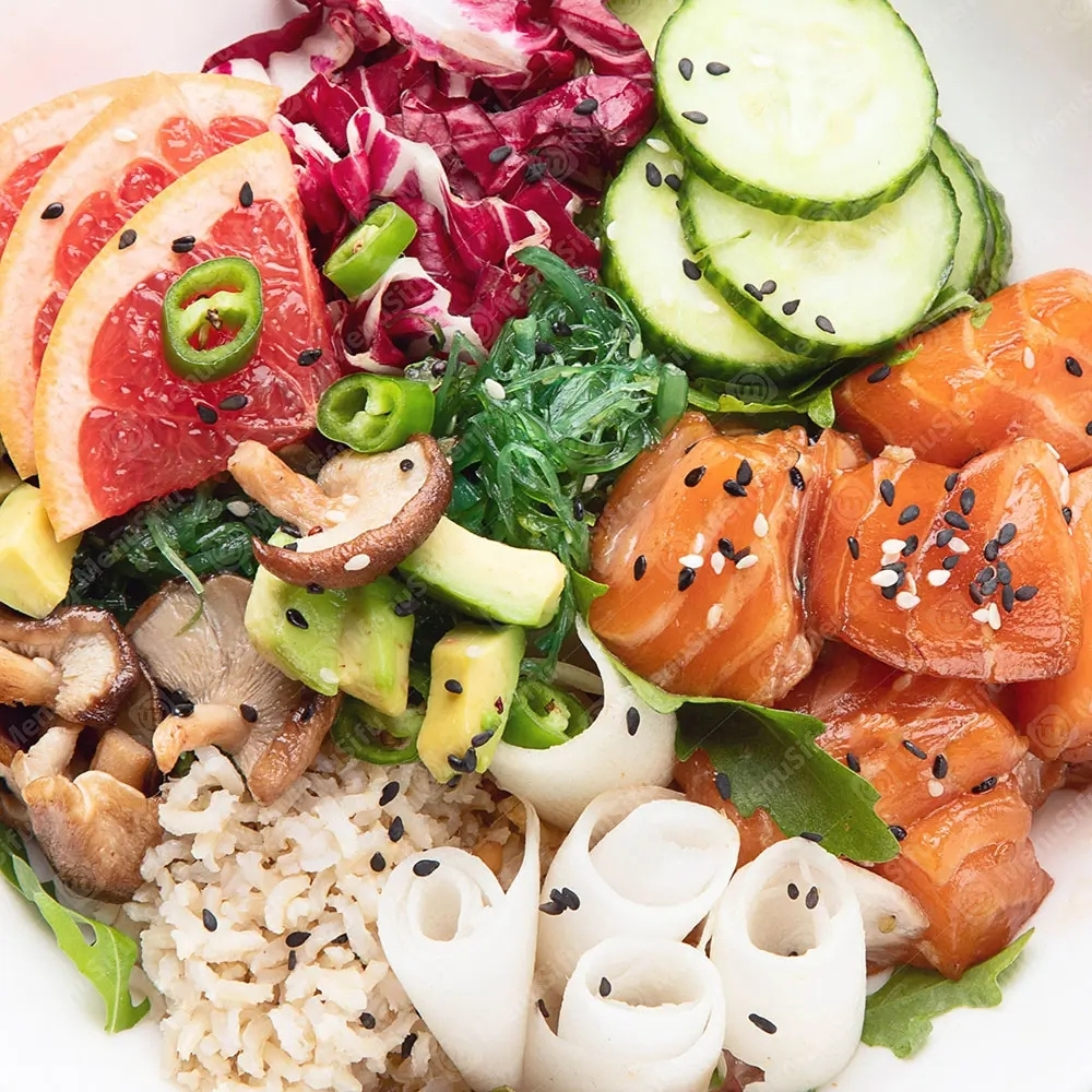Salmon poke bowl with grapefruit, mushrooms, and brown rice at Poke Bowl, an Hawaiian Restaurant in Algonquin