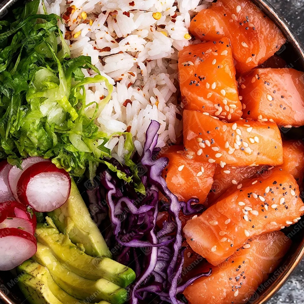 Salmon poke bowl with rice, avocado, radish, and greens at Poke Bowl, an Hawaiian Restaurant in Algonquin