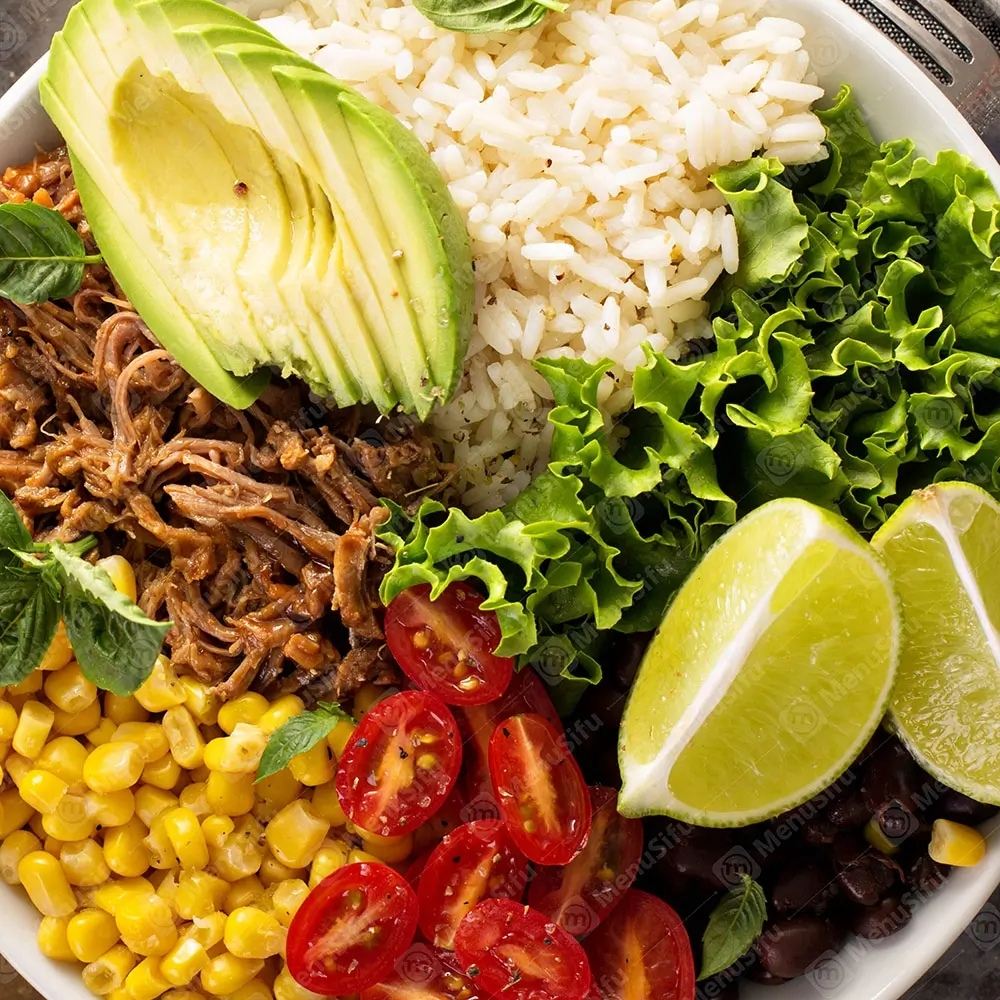 Shredded pork bowl with rice, avocado, corn, and beans at Poke Bowl, an Hawaiian Restaurant in Algonquin
