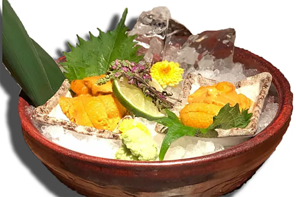 Chilled fresh sea urchin on crushed ice at Poke Fresh, a Poke bar in Houston