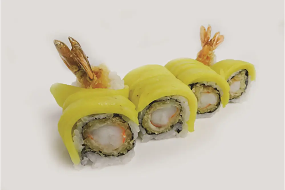 Mango wrapped tempura shrimp sushi roll at Poke Fresh, a Poke bar in Houston