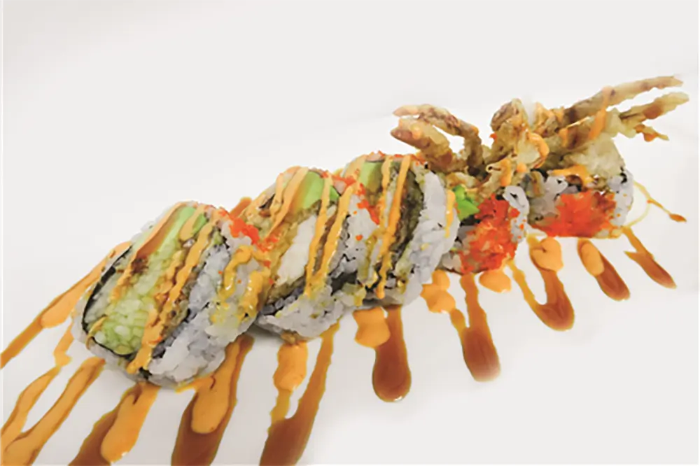 Soft shell crab sushi roll with spicy sauce at Poke Fresh, a Poke bar in Houston