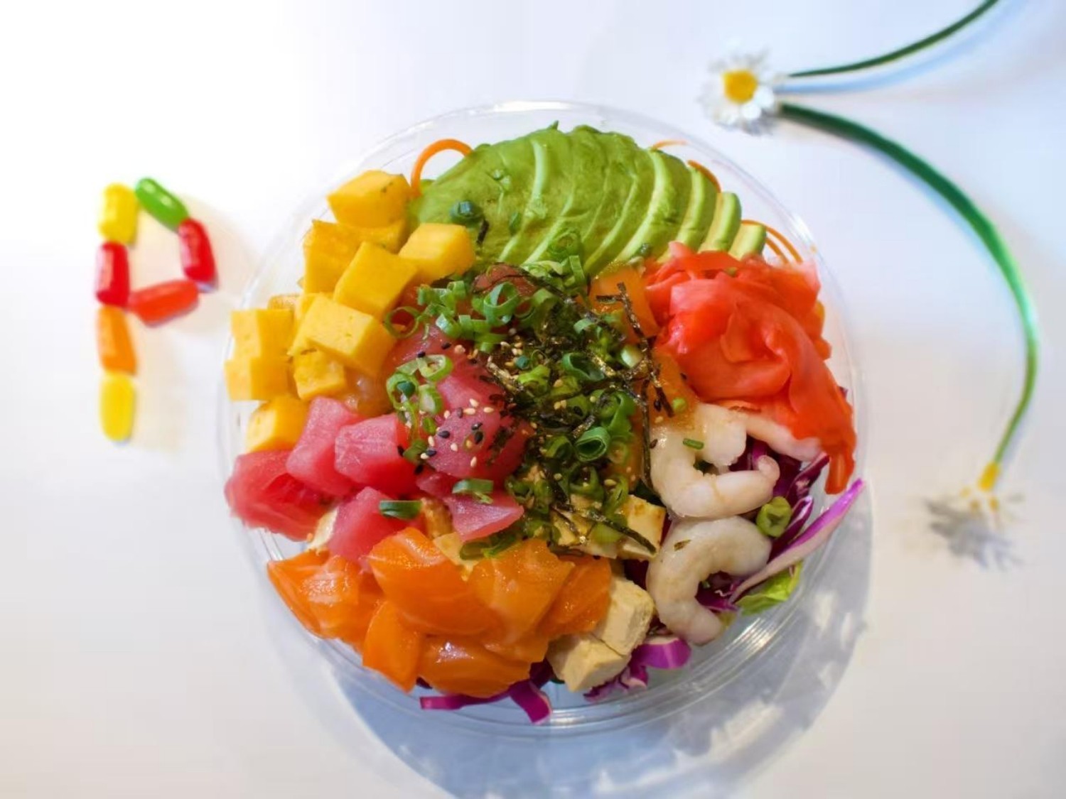 Bowl with tuna, salmon, shrimp, mango, avocado, tofu at Poke Hibachi, a Japanese Restaurant in West Lafayette