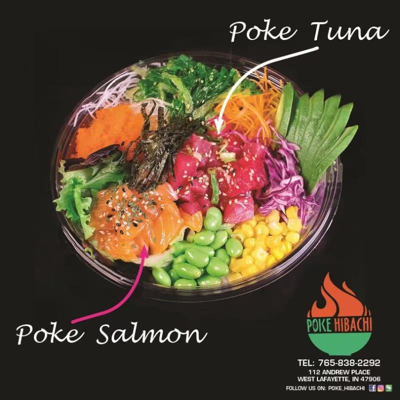 Bowl with poke tuna, poke salmon, edamame, corn, avocado at Poke Hibachi, a Japanese Restaurant in West Lafayette