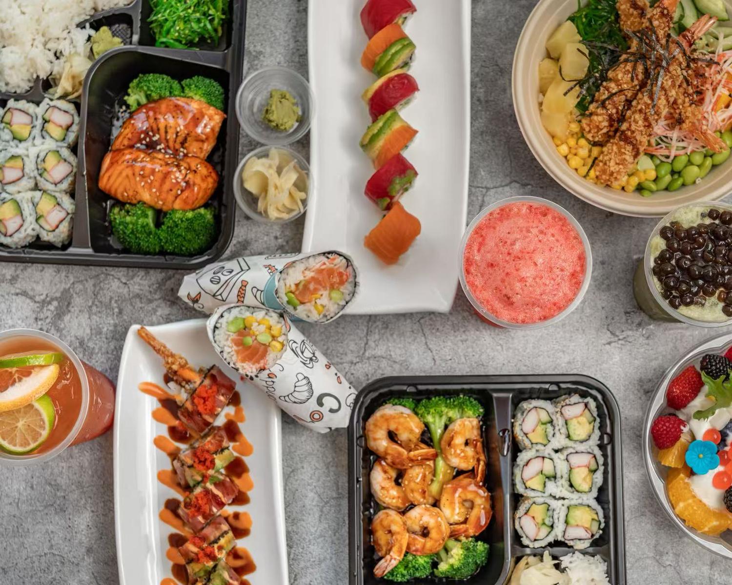 Assortment of sushi, poke bowls, bento boxes, and refreshing drinks at Poke House Huntington, a Hawaiian restaurant in Huntington